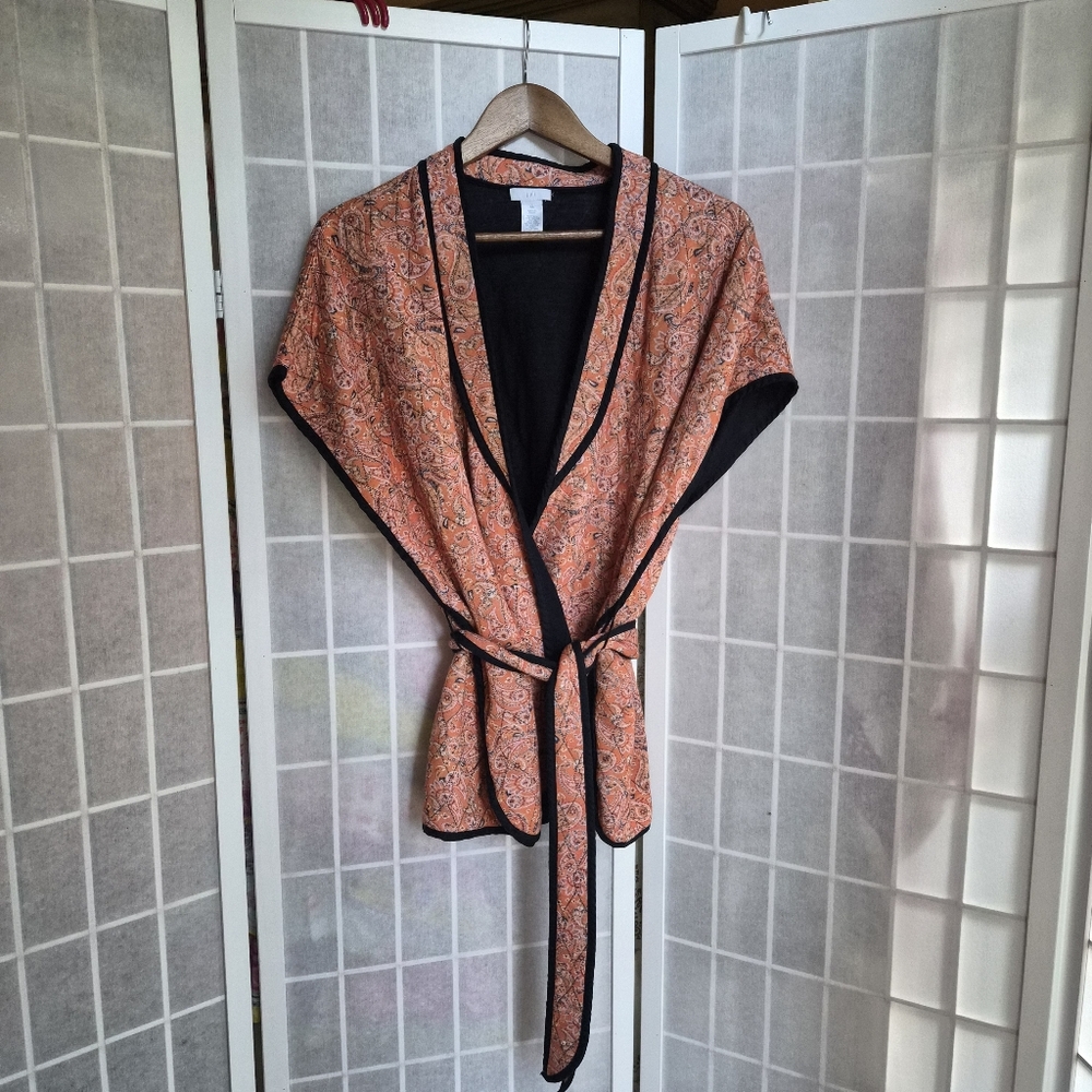 J Jill Quilted Kimono Belted Jacket Orange Paisley Cottagecore Sz S L